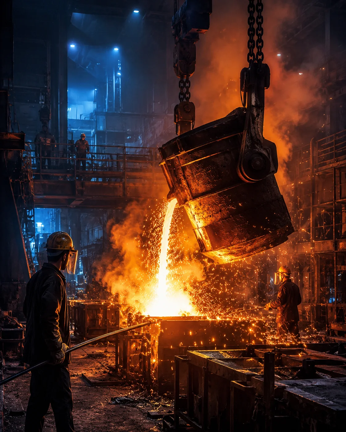 Çelik ve metalürji tesisinde ergimiş metal döküm işlemi
