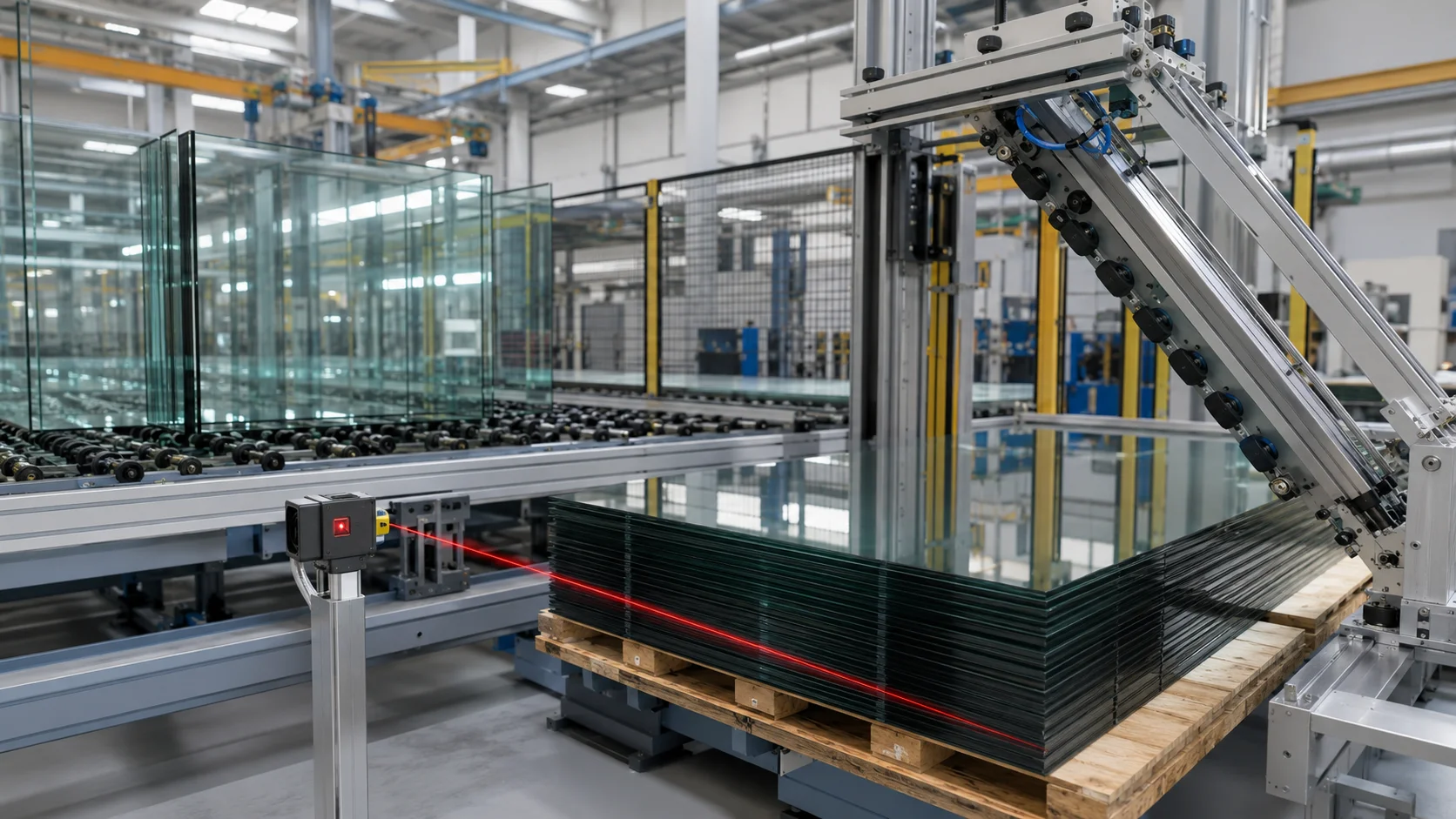 Cam panel konum ölçümünde lazer mesafe sensörü kullanılan otomatik üretim hattı