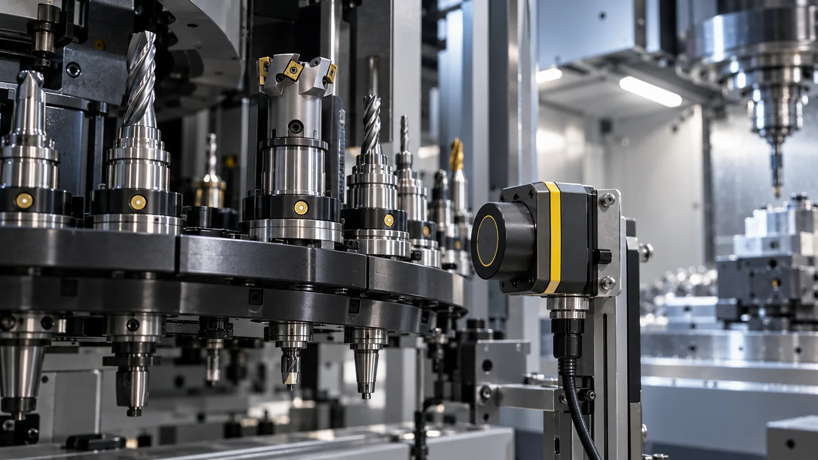 CNC takım magazininde RFID tabanlı takım tanımlama uygulamasını temsil eden endüstriyel sensör ve takım tutucular