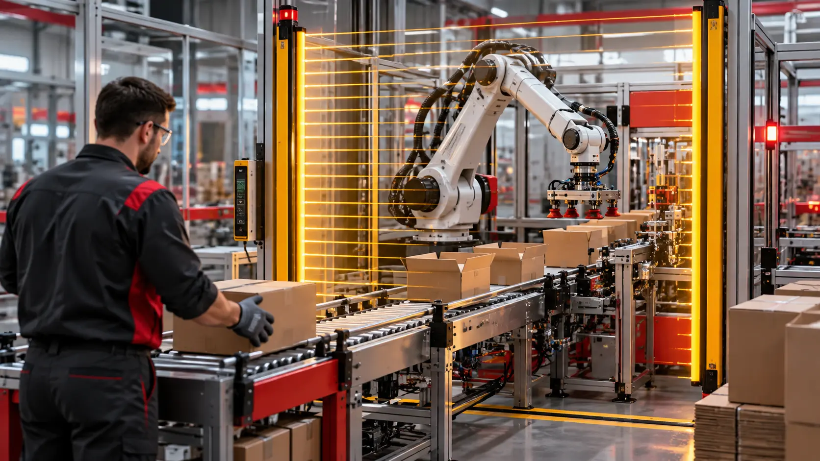 Robotik paketleme hattında güvenlik ışık perdesi ile korunan otomasyon hücresi